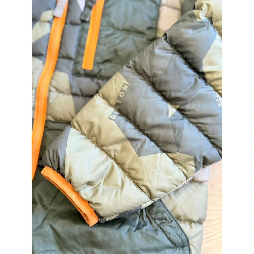 Burton Kids Geometric Camo Puffer Jacket Green Orange Zip Size S 7/8